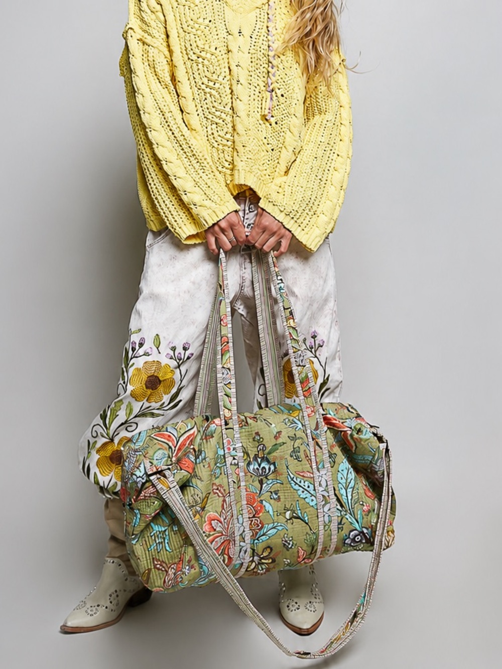 POL Floral Quilted Olive Canvas Weekender Bag